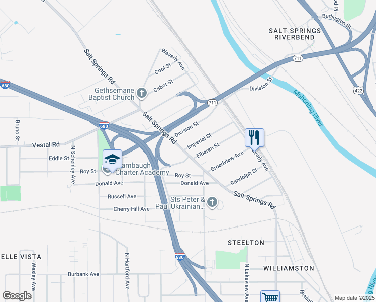 map of restaurants, bars, coffee shops, grocery stores, and more near 1319 Salt Springs Road in Youngstown