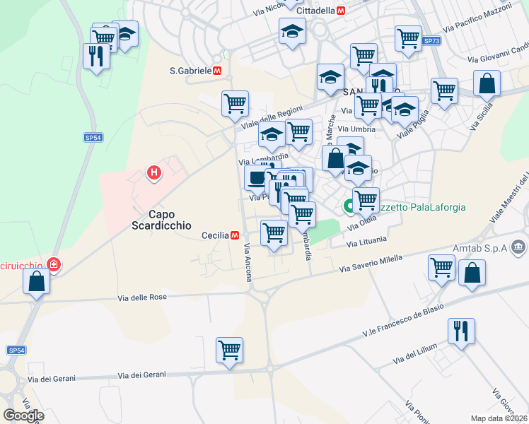 map of restaurants, bars, coffee shops, grocery stores, and more near 90 Via Piemonte in Bari