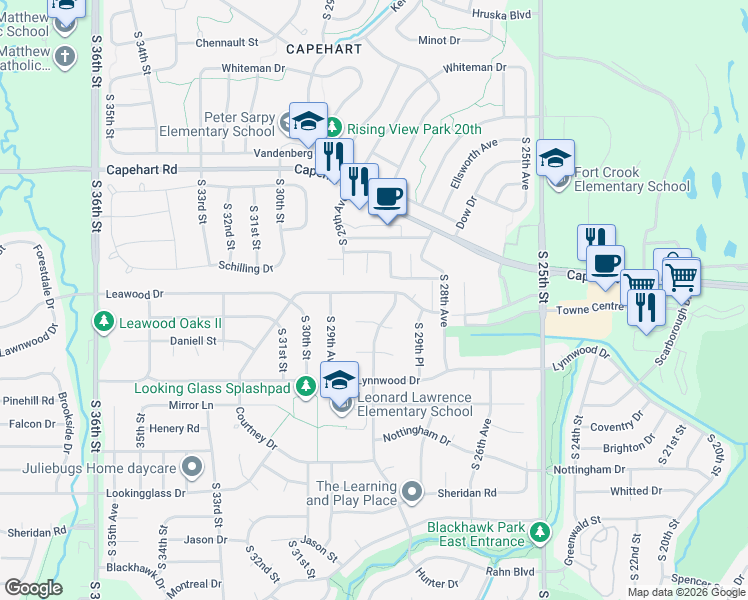 map of restaurants, bars, coffee shops, grocery stores, and more near 2926 Leawood Drive in Bellevue