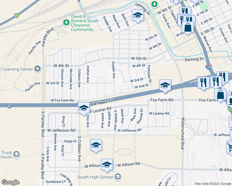 map of restaurants, bars, coffee shops, grocery stores, and more near 749 West Second Street in Cheyenne