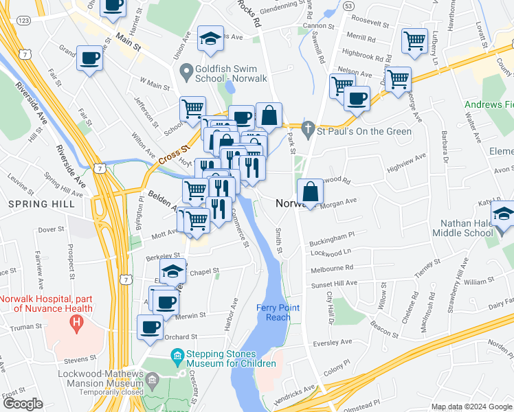 map of restaurants, bars, coffee shops, grocery stores, and more near 3 East Wall Street in Norwalk