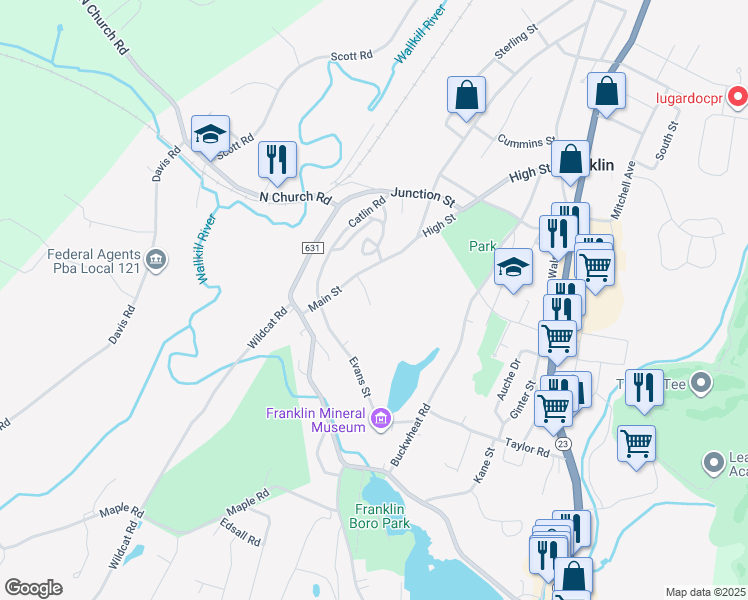 map of restaurants, bars, coffee shops, grocery stores, and more near 1 Miners Lane in Franklin