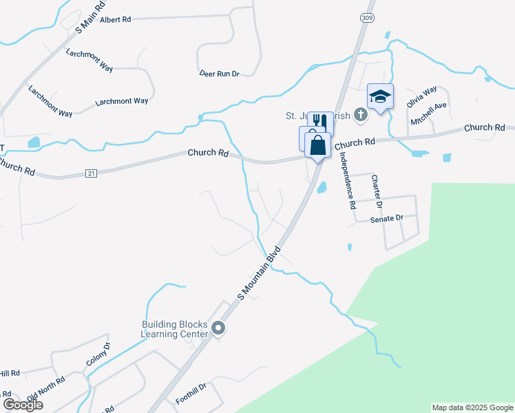 map of restaurants, bars, coffee shops, grocery stores, and more near 120 Brookfield Way in Mountain Top