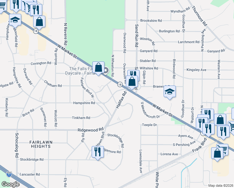 map of restaurants, bars, coffee shops, grocery stores, and more near 50 Hampshire Road in Akron