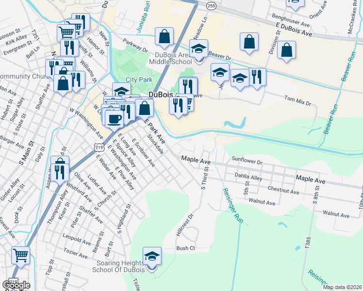 map of restaurants, bars, coffee shops, grocery stores, and more near 234 North Church Street in DuBois