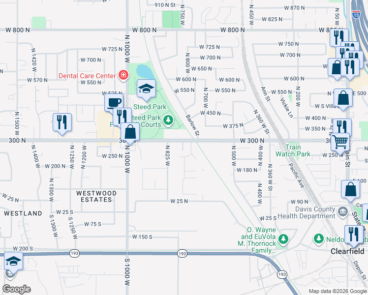 map of restaurants, bars, coffee shops, grocery stores, and more near 797 West 300 North in Clearfield