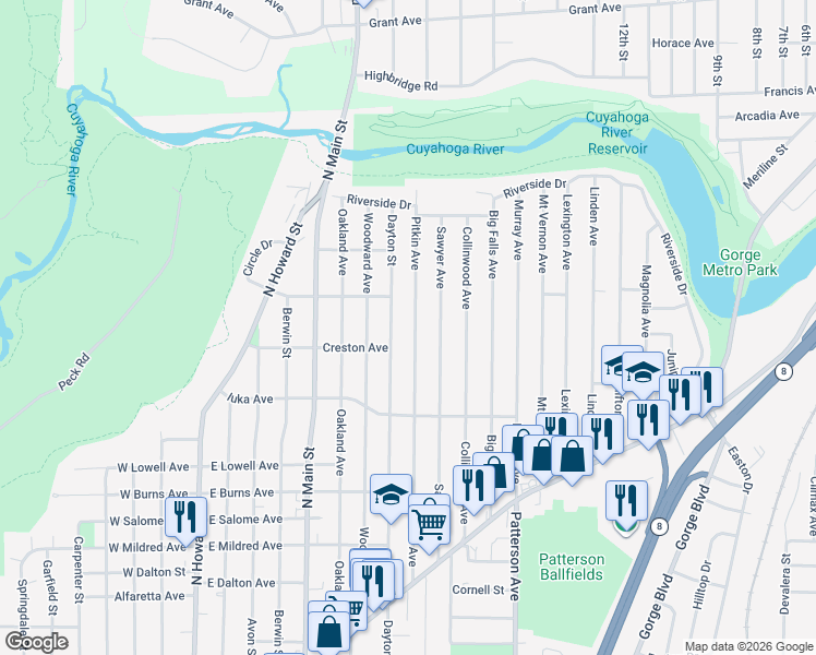 map of restaurants, bars, coffee shops, grocery stores, and more near 1191 Dayton Street in Akron