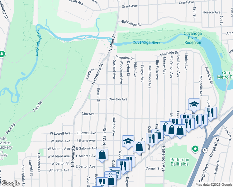 map of restaurants, bars, coffee shops, grocery stores, and more near 1194 Woodward Avenue in Akron