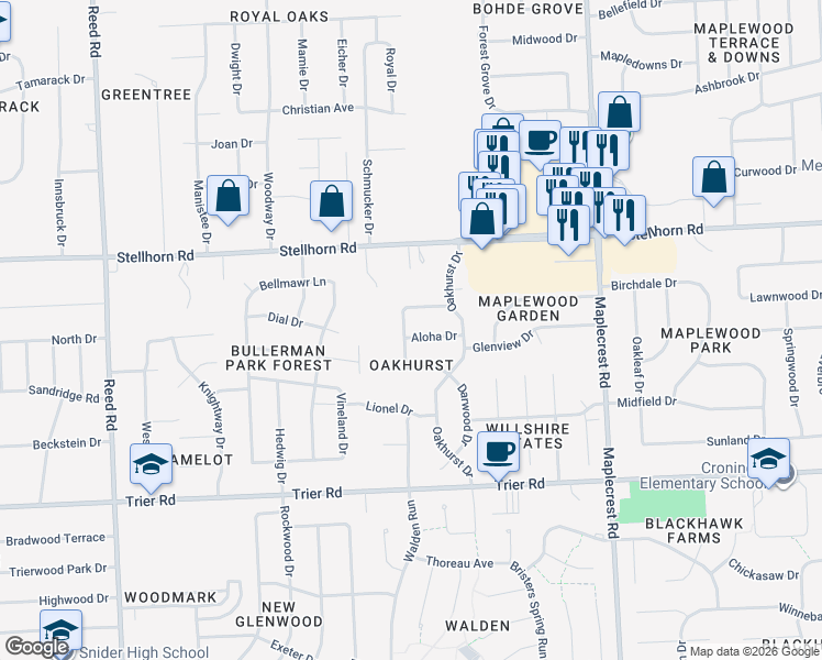 map of restaurants, bars, coffee shops, grocery stores, and more near 4227 Darby Drive in Fort Wayne