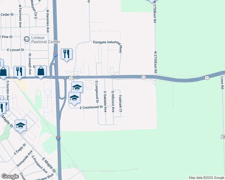 map of restaurants, bars, coffee shops, grocery stores, and more near 2701 Cooper Drive in Kankakee
