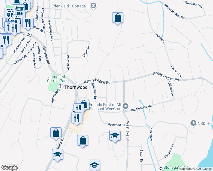 map of restaurants, bars, coffee shops, grocery stores, and more near 72 Nanny Hagen Road in Thornwood
