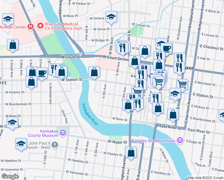 map of restaurants, bars, coffee shops, grocery stores, and more near 341-345 North 4th Avenue in Kankakee