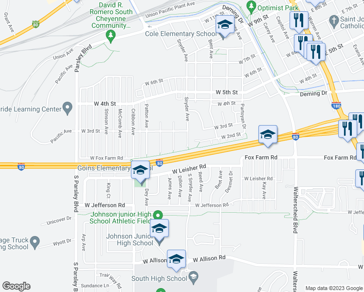 map of restaurants, bars, coffee shops, grocery stores, and more near 308 Snyder Avenue in Cheyenne