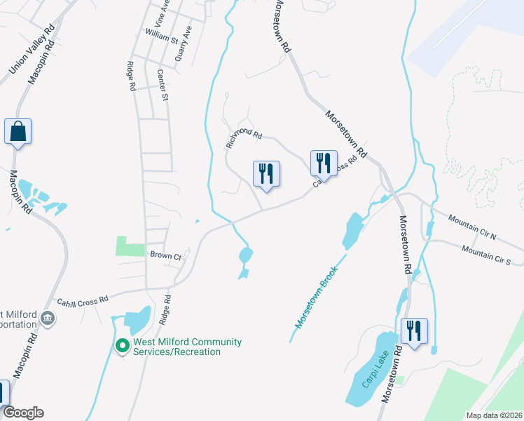 map of restaurants, bars, coffee shops, grocery stores, and more near Cahill Cross Road & Richmond Road in West Milford