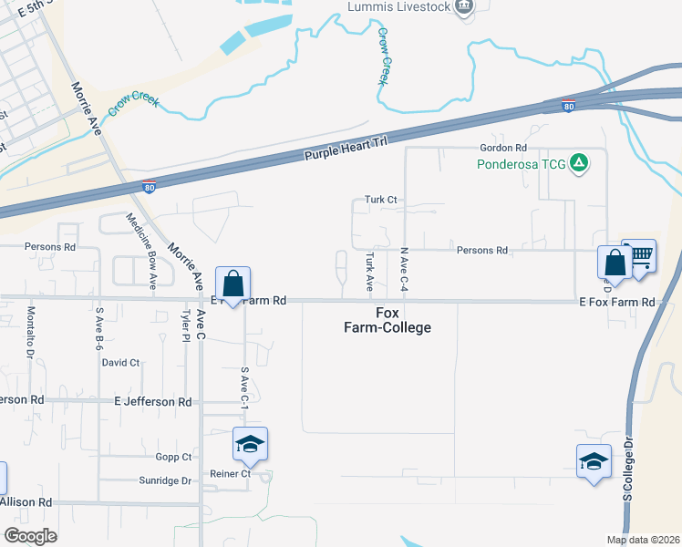 map of restaurants, bars, coffee shops, grocery stores, and more near 1410 E Fox Farm Rd in Cheyenne