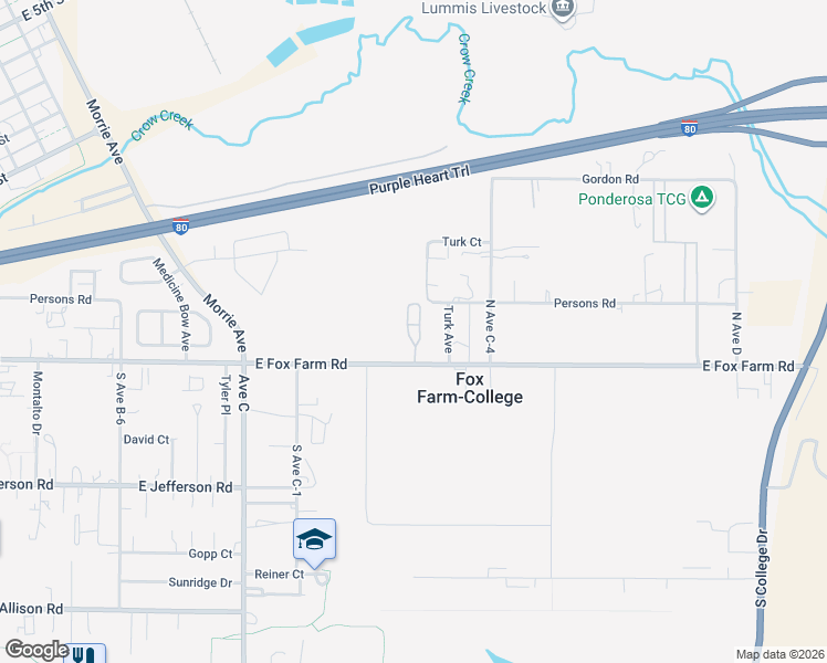 map of restaurants, bars, coffee shops, grocery stores, and more near 1410 East Fox Farm Road in Cheyenne