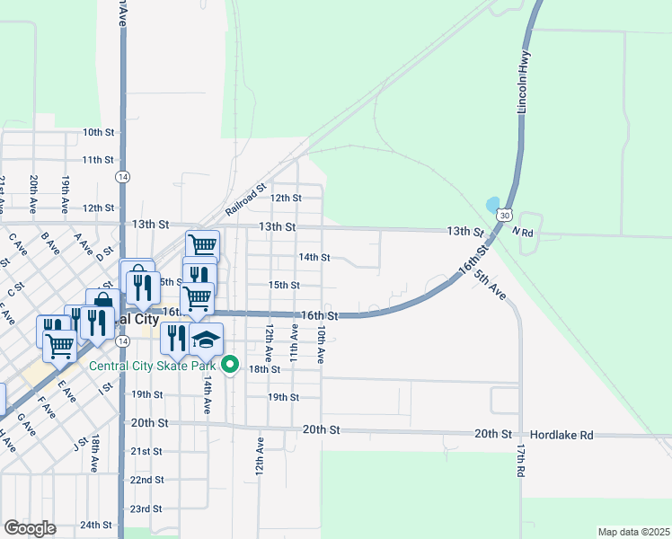map of restaurants, bars, coffee shops, grocery stores, and more near 800-998 14th Street in Central City