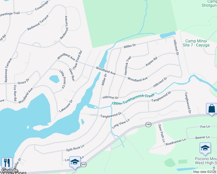 map of restaurants, bars, coffee shops, grocery stores, and more near 352 Miller Drive in Pocono Pines