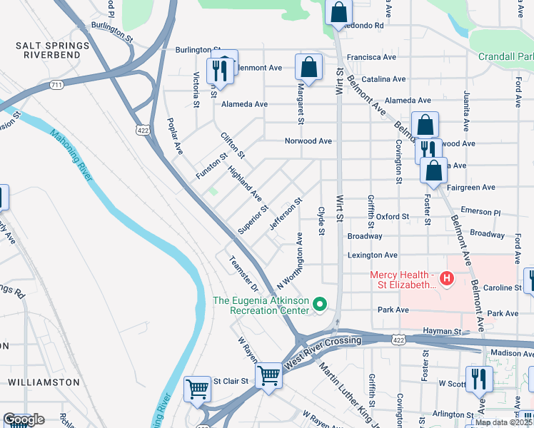 map of restaurants, bars, coffee shops, grocery stores, and more near 157 Superior Street in Youngstown