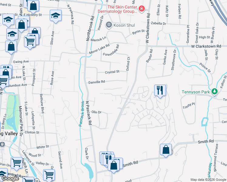 map of restaurants, bars, coffee shops, grocery stores, and more near 87 Meadow Lane in Nanuet