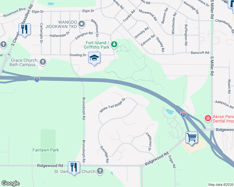 map of restaurants, bars, coffee shops, grocery stores, and more near 3028 White Tail Circle in Fairlawn