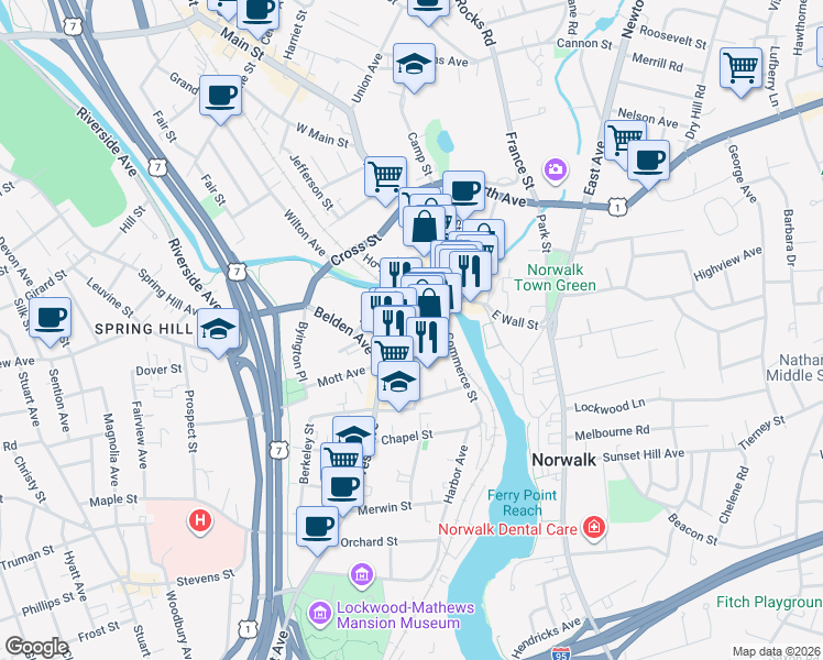 map of restaurants, bars, coffee shops, grocery stores, and more near 90 Wall Street in Norwalk