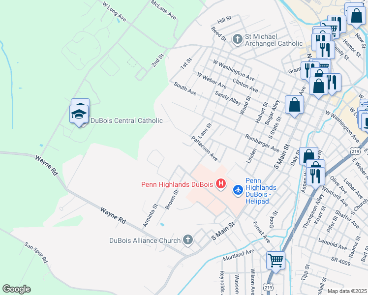 map of restaurants, bars, coffee shops, grocery stores, and more near 403 Patterson Avenue in DuBois
