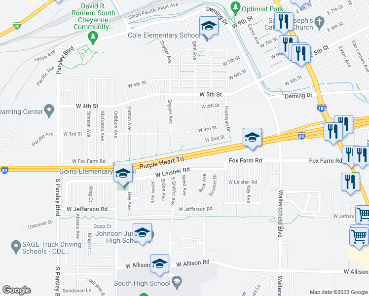 map of restaurants, bars, coffee shops, grocery stores, and more near 749 West Second Street in Cheyenne