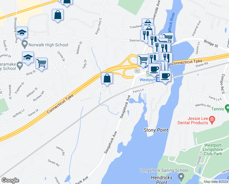 map of restaurants, bars, coffee shops, grocery stores, and more near 9 Davenport Avenue in Westport