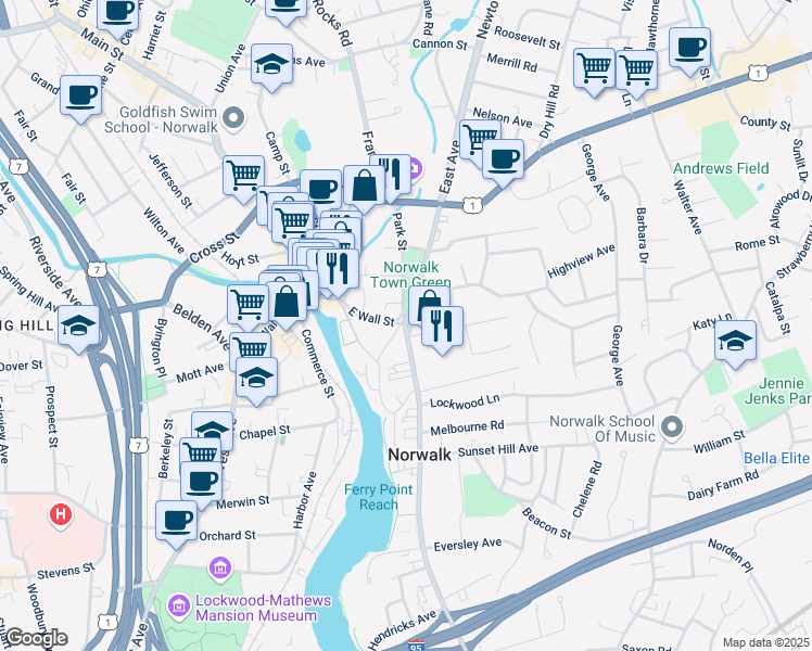 map of restaurants, bars, coffee shops, grocery stores, and more near in Norwalk