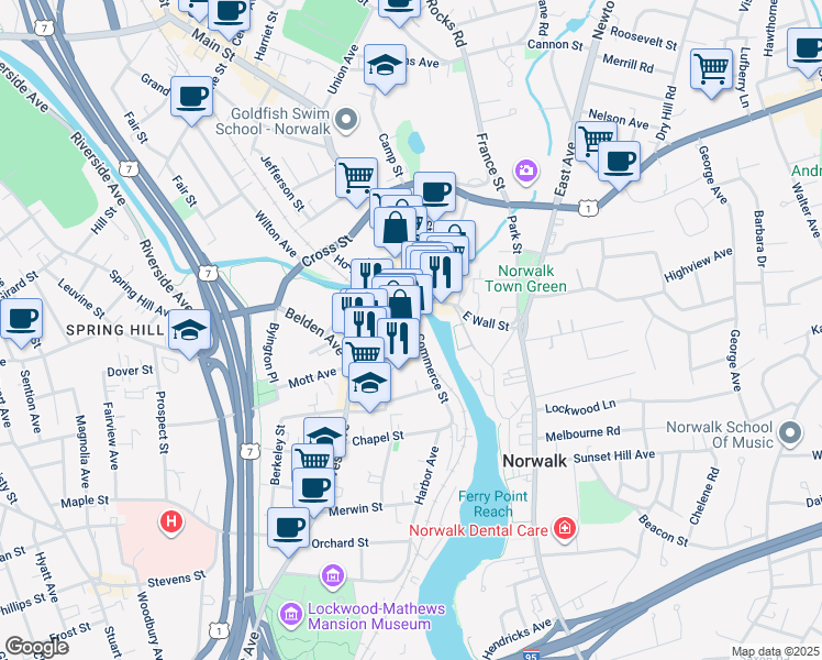 map of restaurants, bars, coffee shops, grocery stores, and more near 43a Wall Street in Norwalk