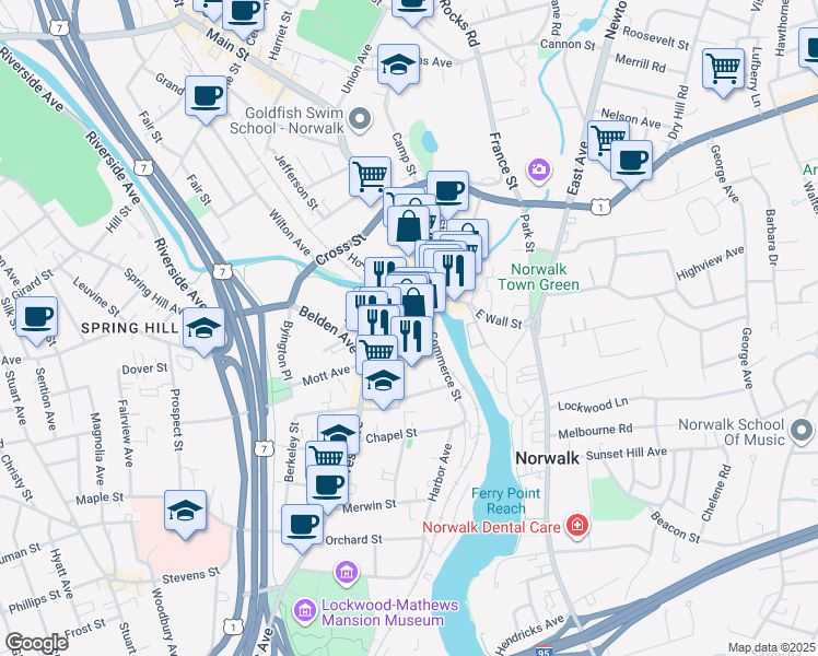 map of restaurants, bars, coffee shops, grocery stores, and more near 43a Wall Street in Norwalk