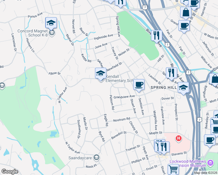 map of restaurants, bars, coffee shops, grocery stores, and more near 54 Fillow Street in Norwalk