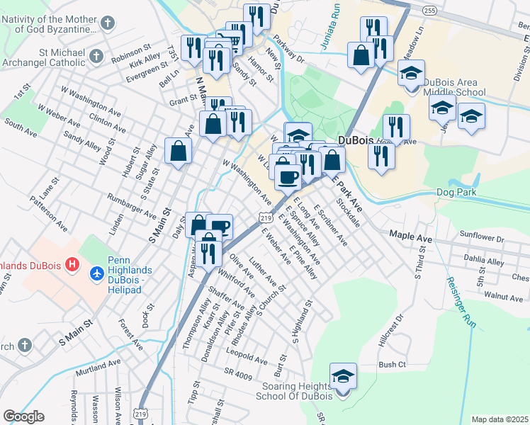 map of restaurants, bars, coffee shops, grocery stores, and more near 112 South Brady Street in DuBois