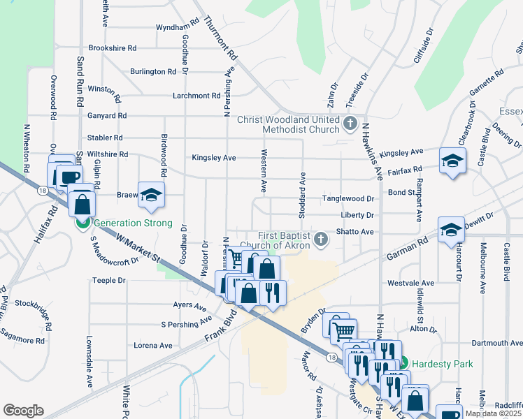 map of restaurants, bars, coffee shops, grocery stores, and more near 208 Western Avenue in Akron