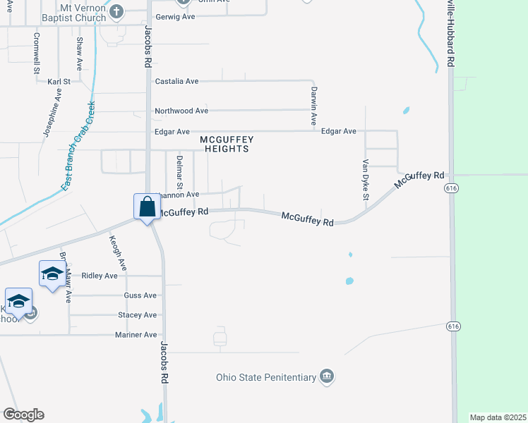 map of restaurants, bars, coffee shops, grocery stores, and more near McGuffey Road in Youngstown