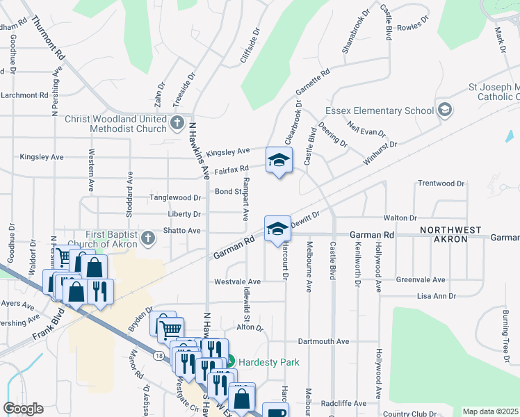 map of restaurants, bars, coffee shops, grocery stores, and more near 333 Rampart Avenue in Akron