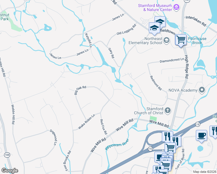 map of restaurants, bars, coffee shops, grocery stores, and more near 204 Big Oak Road in Stamford