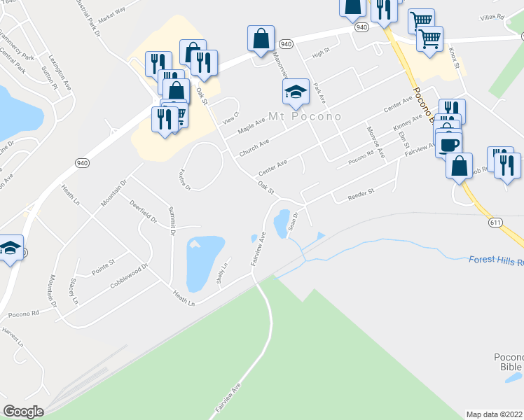 map of restaurants, bars, coffee shops, grocery stores, and more near 132 Fairview Avenue in Mount Pocono