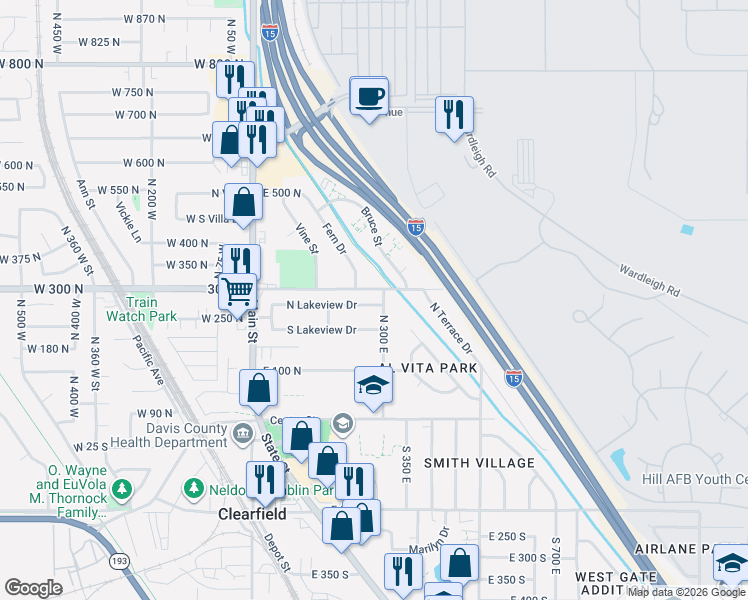 map of restaurants, bars, coffee shops, grocery stores, and more near 287 North Lakeview Drive in Clearfield