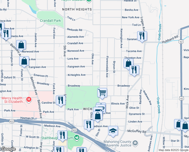 map of restaurants, bars, coffee shops, grocery stores, and more near 1354 Elm Street in Youngstown