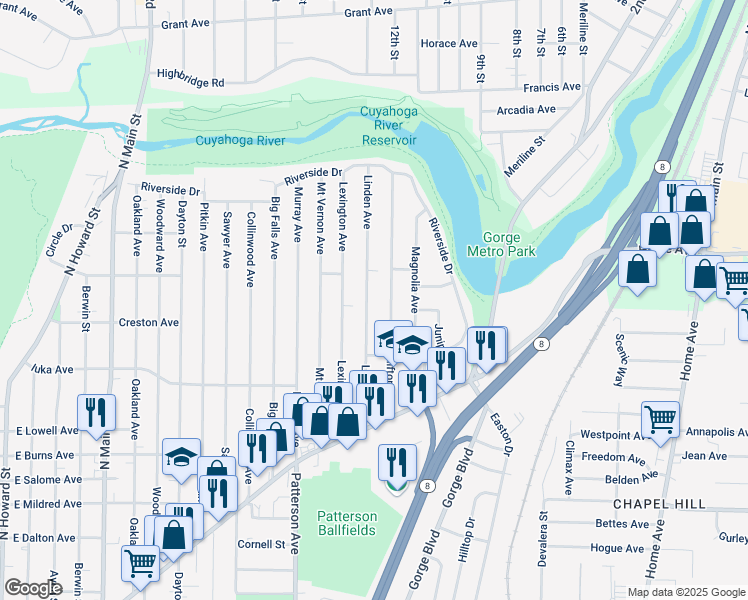 map of restaurants, bars, coffee shops, grocery stores, and more near 1192 Linden Avenue in Akron