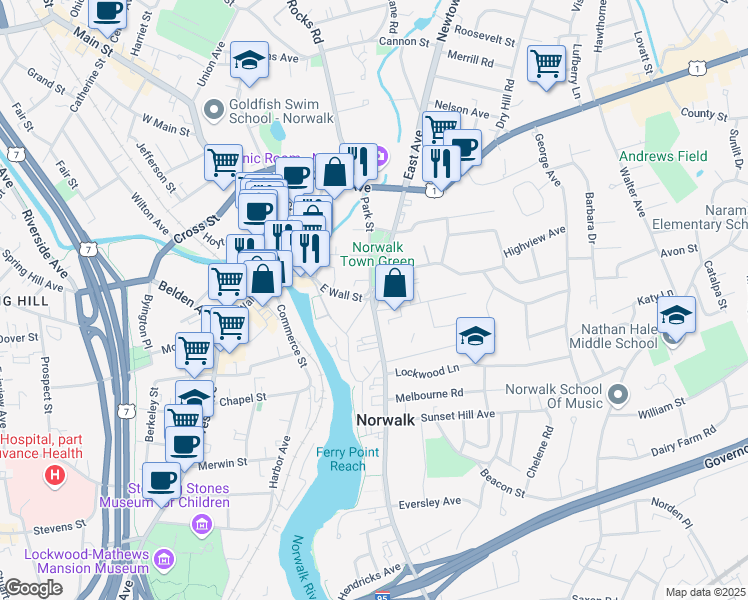 map of restaurants, bars, coffee shops, grocery stores, and more near in Norwalk