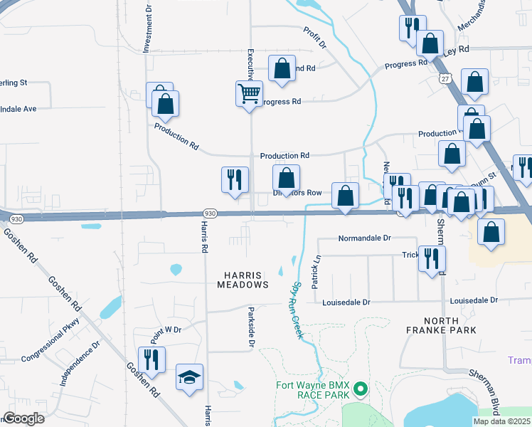 map of restaurants, bars, coffee shops, grocery stores, and more near 1655 Coliseum Boulevard West in Fort Wayne