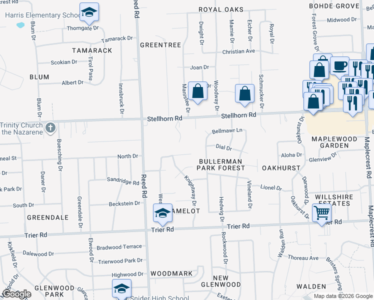 map of restaurants, bars, coffee shops, grocery stores, and more near 5023 Hemlock Ln in Fort Wayne