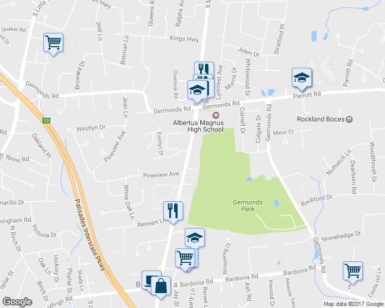 map of restaurants, bars, coffee shops, grocery stores, and more near 570 New York 304 in Bardonia