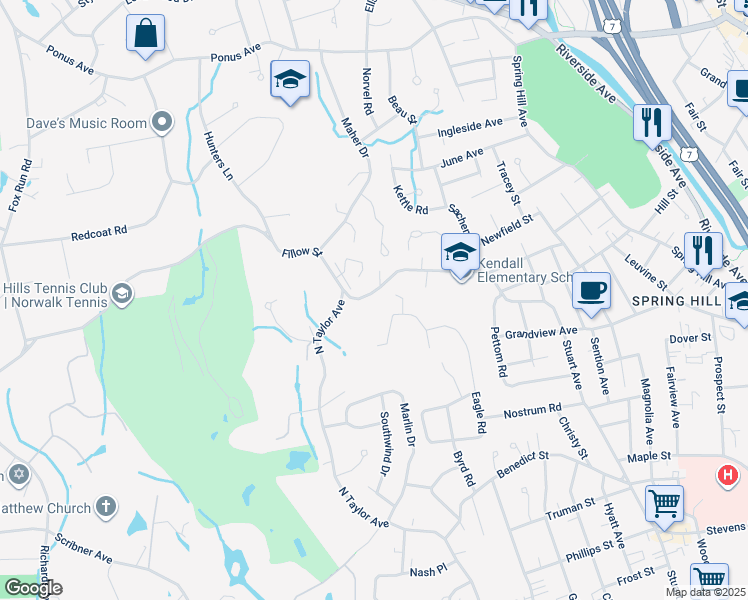 map of restaurants, bars, coffee shops, grocery stores, and more near 103 Fillow Street in Norwalk