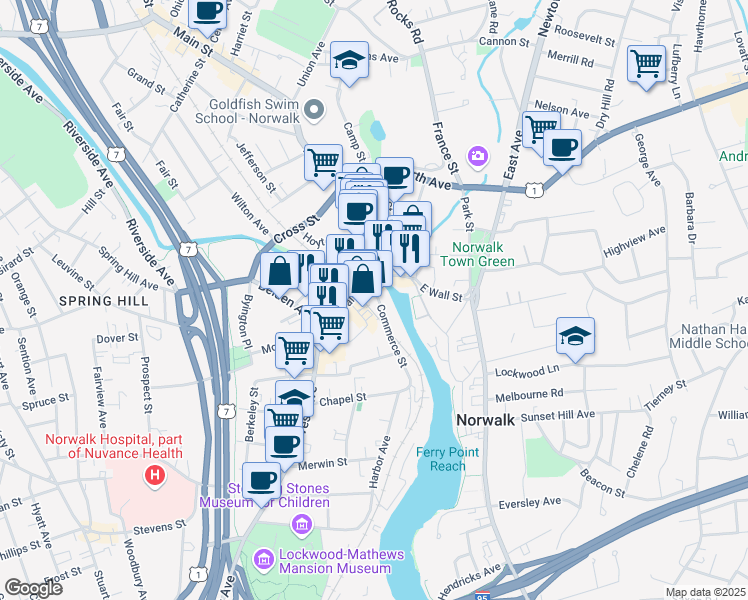 map of restaurants, bars, coffee shops, grocery stores, and more near 43a Wall Street in Norwalk