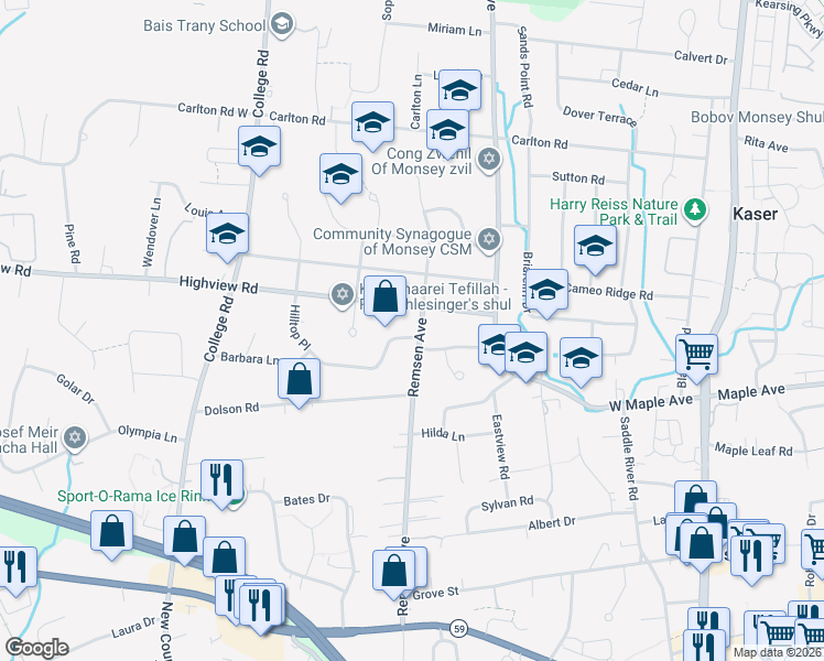 map of restaurants, bars, coffee shops, grocery stores, and more near 40 Hilltop Place in Monsey