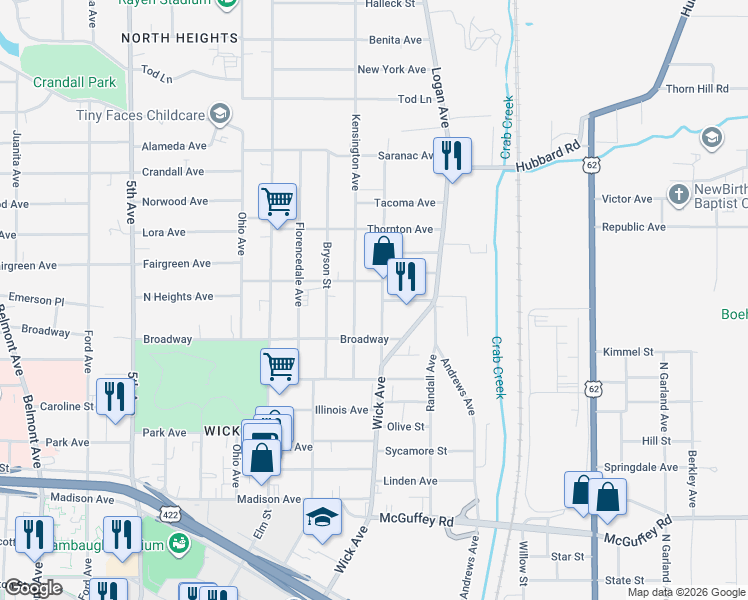 map of restaurants, bars, coffee shops, grocery stores, and more near 1347 Kensington Avenue in Youngstown